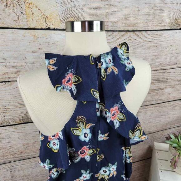LOFT Short Romper Womens Size XS Navy‎ Blue Floral Ruffle Sleeveless Scoop Neck - Picture 5 of 8